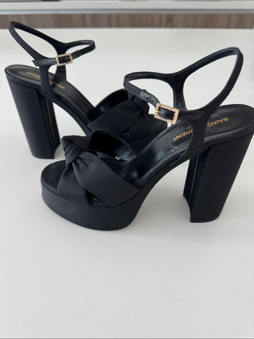 Saint Laurent Black Knotted Platform Heels with Gold Buckles